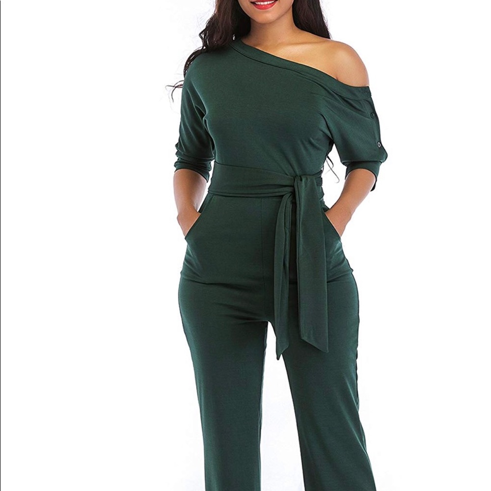 GREEN oof the shoulder jumpsuit